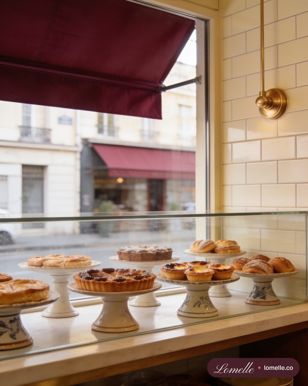 Post of a pâtisserie counter of fruit tarts behind glass, the street outside
