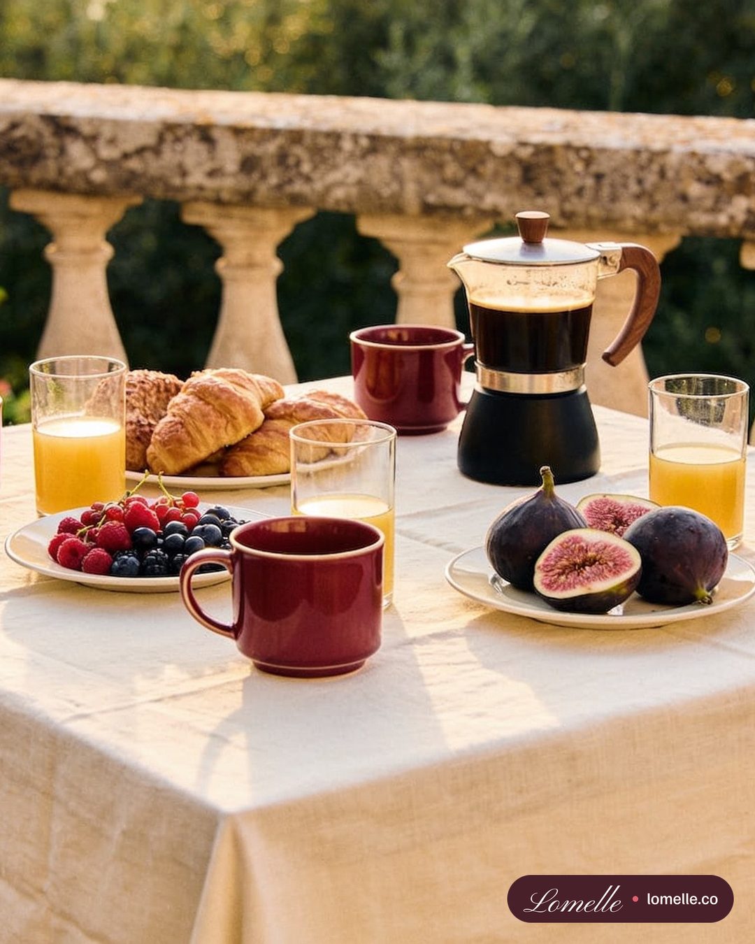 Post of breakfast on a terrace: coffee, juice, figs and pastries on white linen
