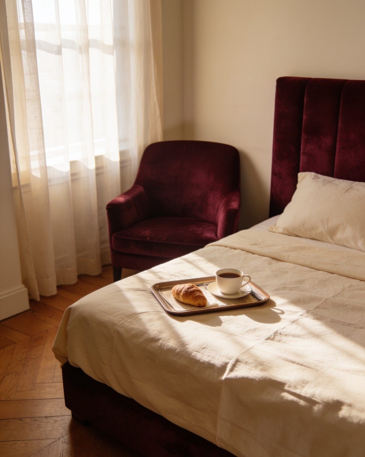 A guest room with a wine-red armchair and breakfast on the bed in morning light
