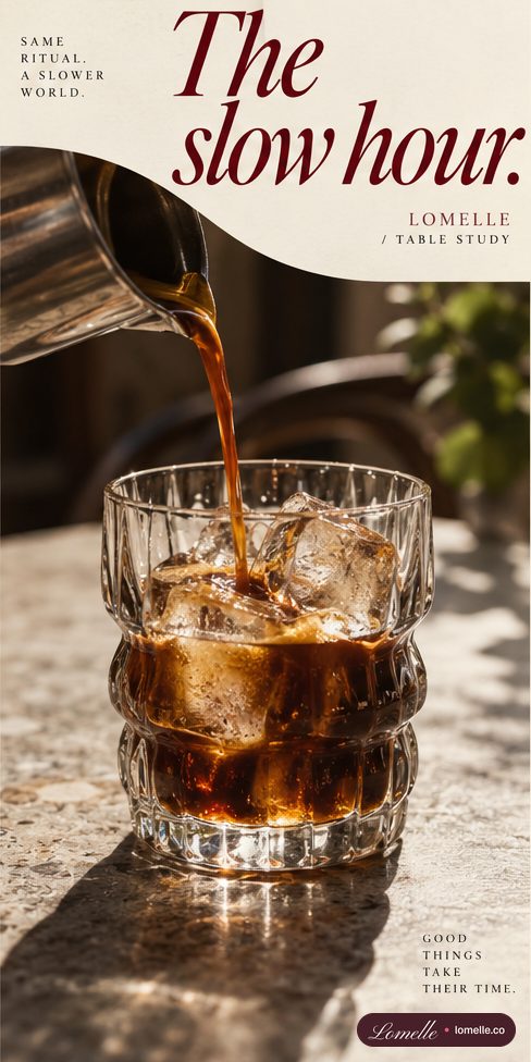 Story frame of coffee poured over ice, “The slow hour.”