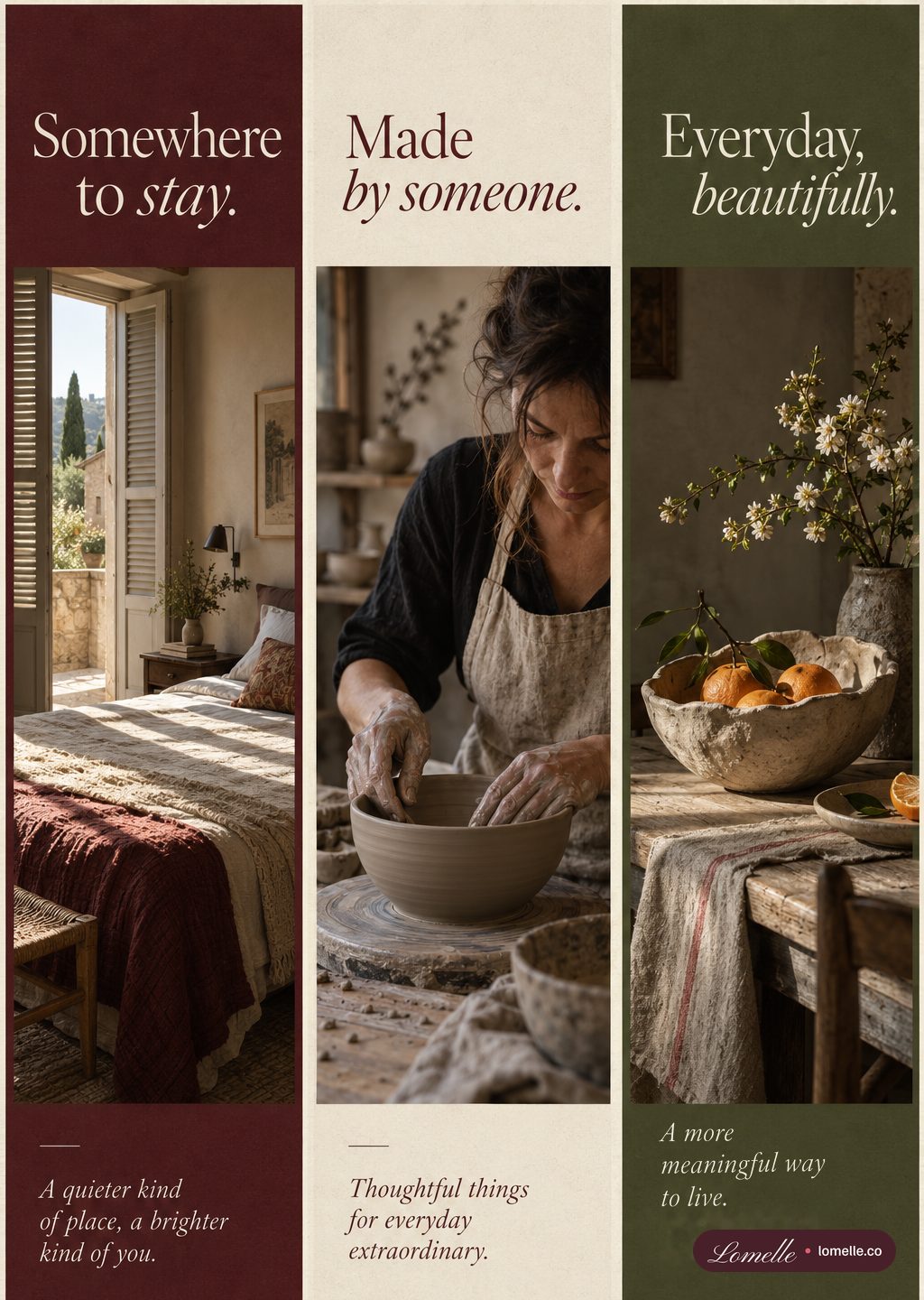 Three editorial panels: a sunlit guest room, a potter at the wheel and a still life with oranges