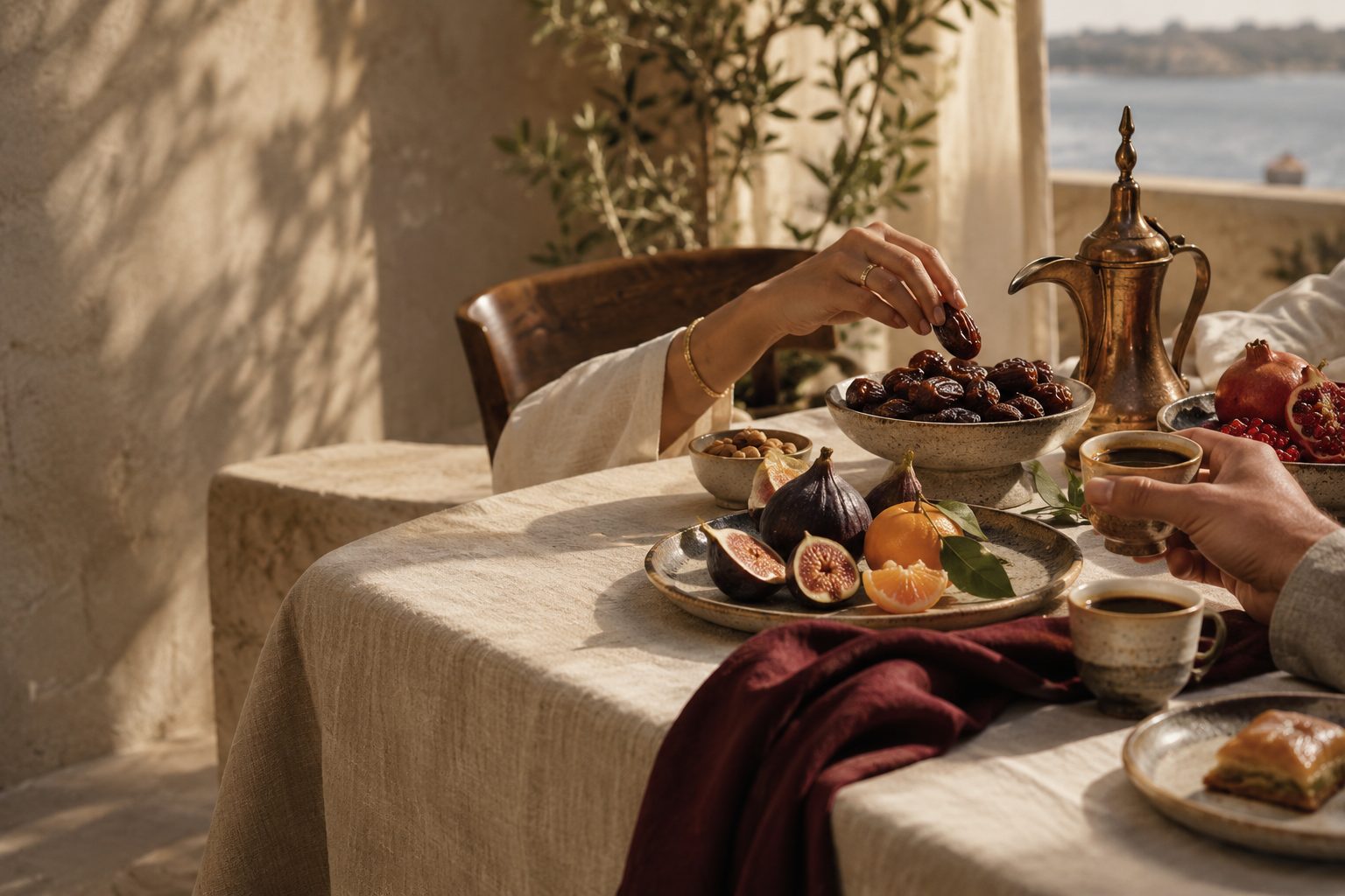 Hands reaching for dates, figs and Arabic coffee on a sunlit linen table